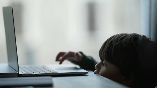 Criança usando laptop de computador em casa aprendendo a usar o dispositivo de tecnologia moderna. Estilo de vida sincero de menino pequeno na frente da tela - Foto, Imagem