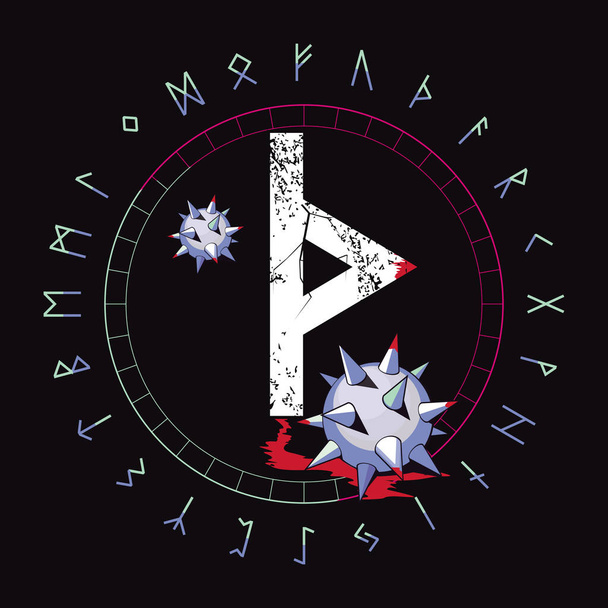 Camiseta de diseño de la rúnica carta llamada Thurisaz y un arma medieval con sangre. círculo de runas - Vector, imagen