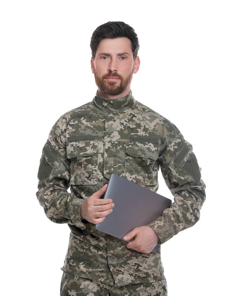 Soldier with laptop on white background. Military service - Φωτογραφία, εικόνα