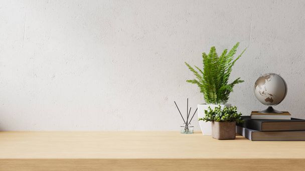 Background with a wooden desk in front of a white wall with a small potted plant, air freshener, and a globe on the desk. 3d rendering - Фото, изображение