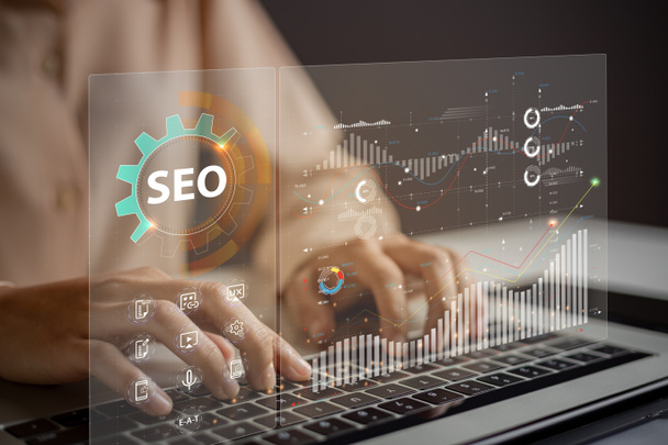 Website admins using SEO tools to get their websites ranked in top search rankings in search engine. Website improvement concept to make search results higher. - Photo, Image