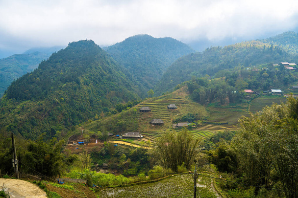 Hermoso paisaje de Cat Cat pueblo, un pueblo cultural de tierras altas en Sapa. Terrazas de campos de arroz (arrozales). popular destino de trekking turístico. - Foto, imagen