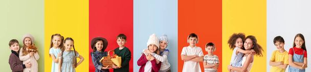 Sammlung von niedlichen kleinen Kindern auf farbigem Hintergrund - Foto, Bild