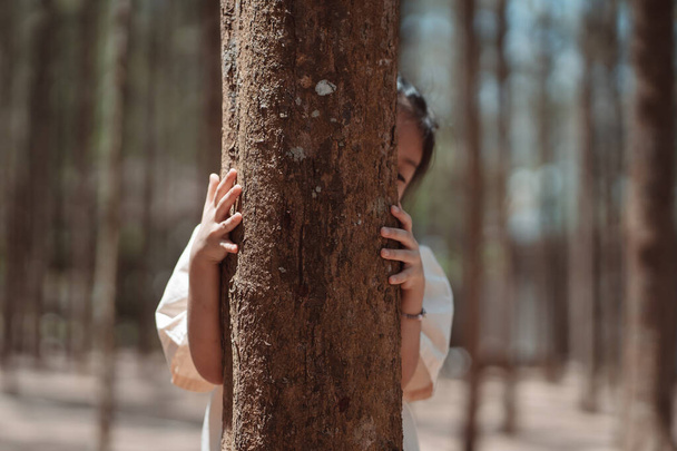 Little girl hugging tree, Saving eco concept, friendly environment in a forest, eco friendly environment in a park - Fotoğraf, Görsel
