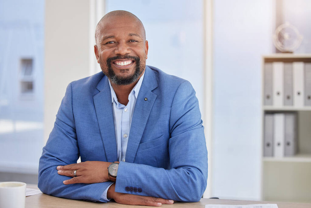 Happy black man, mature or portrait in finance office about us, company profile picture or CEO introduction. Smile, corporate or management person with business investment, savings or financial ideas. - Foto, imagen