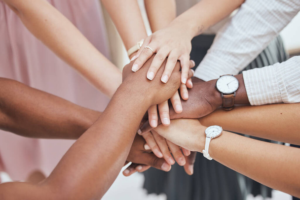 Collaboration, diversity and support hands of people come together for teamwork, goal motivation and community. Partnership, solidarity and business employee cooperation for startup company success. - Foto, Imagem