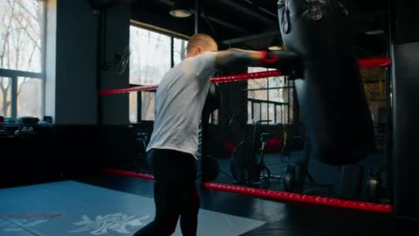 Boxeo gimnasio un boxeador entrena sus golpes golpeando saco de boxeo - Metraje, vídeo