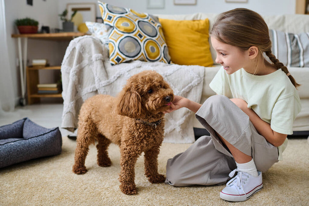 Klein meisje in gesprek met haar hond tijdens haar vrije tijd thuis - Foto, afbeelding