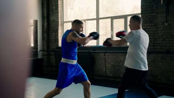 Boxer pratica i suoi pugni con il suo allenatore in palestra di boxe - Filmati, video