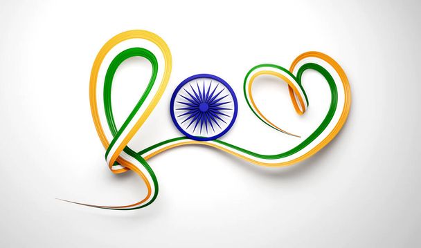 3D vlajka Indie, srdce tvarované, lesklé vlnité povědomí stuha na bílém pozadí, 3D ilustrace - Fotografie, Obrázek