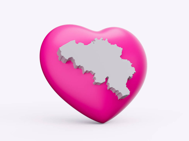 3d vaaleanpunainen sydän 3d valkoinen kartta Belgian eristetty valkoisella taustalla, 3d Kuvitus - Valokuva, kuva