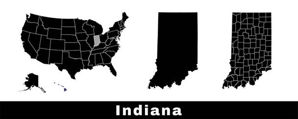 Mappa dello stato dell'Indiana, USA. Serie di mappe dell'Indiana con contorno contorno, contee e Stati Uniti mappa. Illustrazione vettoriale a colori bianco e nero. - Vettoriali, immagini