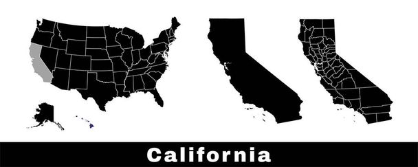 Карта штата Калифорния, США. Набор карт Калифорнии с очертаниями границ, округов и карт штатов США. Черно-белый векторный рисунок. - Вектор,изображение