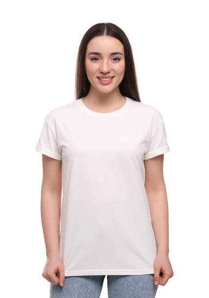 Woman wearing stylish T-shirt on white background - Φωτογραφία, εικόνα