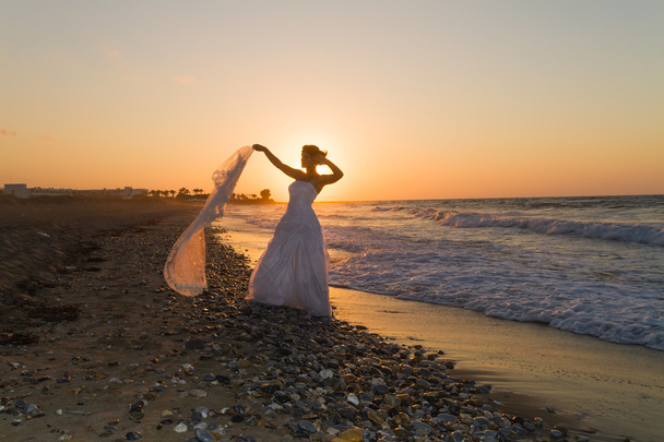 Young bride enjoys walking on a hazy beach at dusk. - Fotoğraf, Görsel