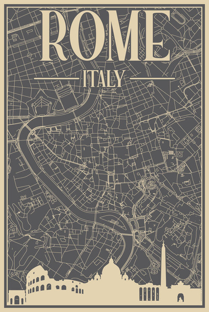 Värikäs käsin piirretty kehystetty juliste keskustan ROME, ITALIA korostettu vintage kaupungin horisonttiin ja kirjoitus - Vektori, kuva