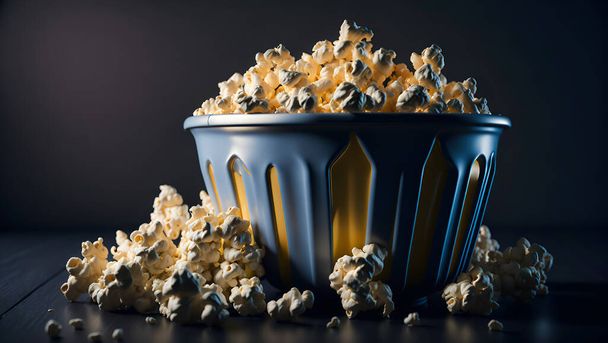 Widok boczny popcornów w pudełku papierowym, koncepcja kina, ostrość selektywna, renderowanie 3D. - Zdjęcie, obraz