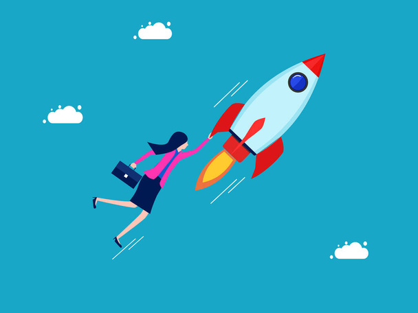 Freedom and innovation. Businesswoman clinging to a rocket. business and investment concept vector - Vector, Image