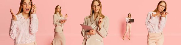 Set of images of young beautiful blonde girl in formal wear working with gadgets, phone, laptop and tablet against pink background. Concept of education and business, youth, lifestyle, fashion - Photo, Image