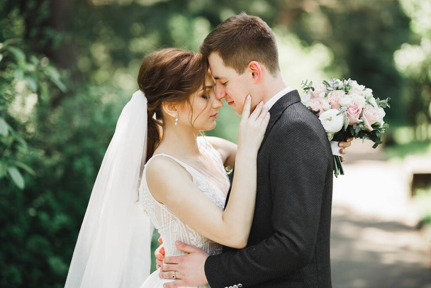 Romantic, fairytale, happy newlywed couple hugging and kissing in a park, trees in background. - Foto, imagen