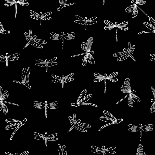 Flying libélula padrão vetor sem costura. ilustração vetor monocromático preto e branco. Perfeito para papel de parede, preenchimento padrão, texturas de superfície.  - Vetor, Imagem