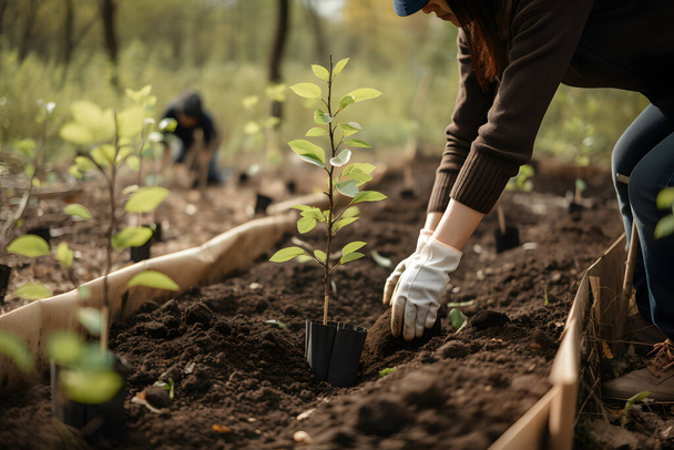 Puiden istuttaminen kestävää tulevaisuutta varten: yhteisön puutarha ja ympäristönsuojelu - Luontotyyppien ennallistamisen ja yhteisön sitoutumisen edistäminen maapallon päivänä - Valokuva, kuva