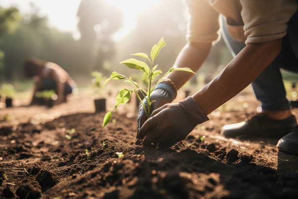 持続可能な未来のために木を植える:コミュニティガーデンと環境保全-地球の日に生息地の回復とコミュニティの関与を促進する - 写真・画像