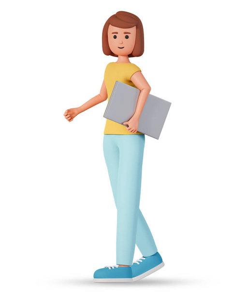 Fiatal nő séta és tartsa zárt laptop 3d illusztráció elszigetelt fehér háttérrel. Felnőtt lány tartsa laptop és séta 3d illusztráció - Fotó, kép