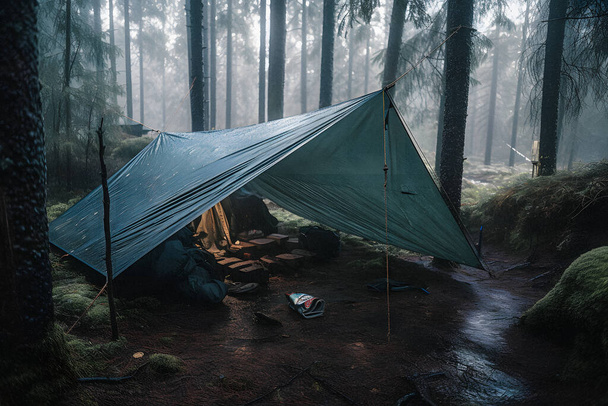 Überleben in der Wildnis: Bushcraft-Zelt unter der Plane bei starkem Regen, das die Kälte der Morgendämmerung aufnimmt - eine Szene der Ausdauer und Widerstandskraft - Foto, Bild