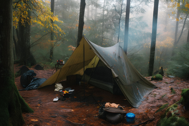 Wilderness Survival: Tienda de bosquejos bajo la lona bajo la fuerte lluvia, abrazando el frío del amanecer - Una escena de resistencia y resiliencia - Foto, imagen