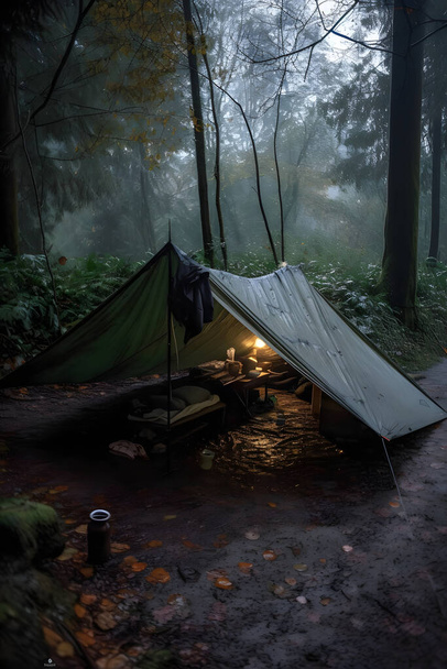Осмотр дикой природы: палатка Бушкрафта под тартаром в тяжелом Райне, обнимающая холод Дауна - сцена выносливости и стойкости - Фото, изображение
