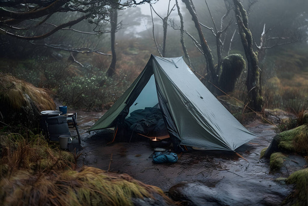 Wilderness Survival: Bushcraft Tent Under the Tarp in Heavy Rain, Omaring the Chill of Dawn - Een scène van duurzaamheid en veerkracht - Foto, afbeelding