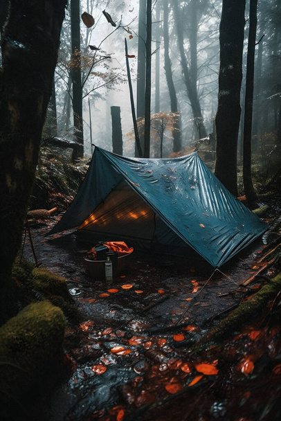 Wilderness Survival: Şiddetli Yağmurda Çadırın Altında Bushcraft Çadırı, Şafağın Soğuğunu Kucaklamak - Dayanıklılık ve Dayanıklılık Sahnesi - Fotoğraf, Görsel