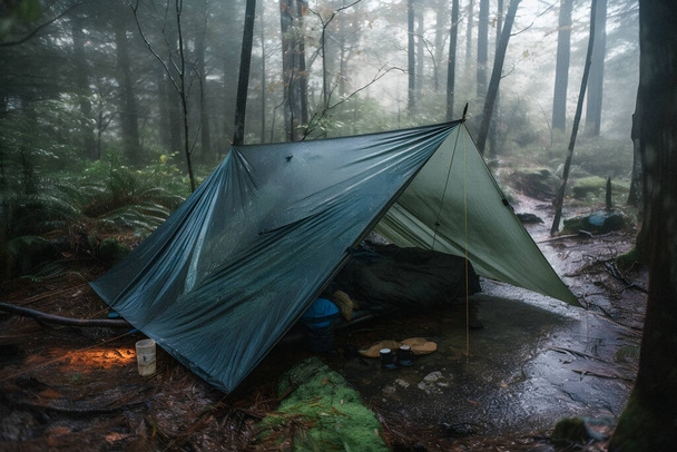 Wilderness Survival: Tienda de bosquejos bajo la lona bajo la fuerte lluvia, abrazando el frío del amanecer - Una escena de resistencia y resiliencia - Foto, Imagen