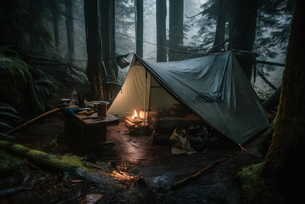 Sopravvivenza selvaggia: Bushcraft tenda sotto il telone in forte pioggia, abbracciando il freddo dell'alba - Una scena di resistenza e resilienza - Foto, immagini