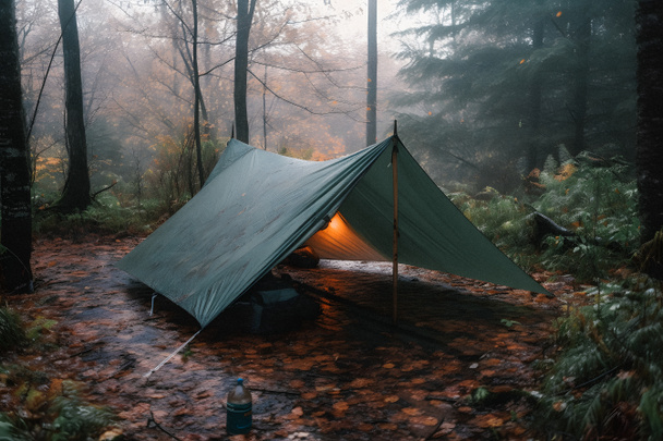 Wilderness Survival: Tienda de bosquejos bajo la lona bajo la fuerte lluvia, abrazando el frío del amanecer - Una escena de resistencia y resiliencia - Foto, imagen