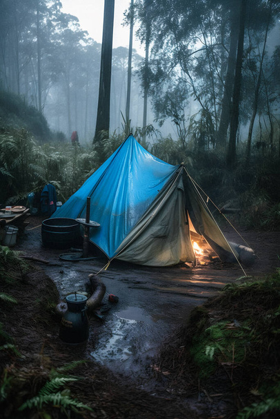 Przetrwanie w dziczy: Namiot Bushcrafta pod plandeką w ulewnym deszczu, Obejmujący chłód świtu - scena wytrwałości i odporności - Zdjęcie, obraz