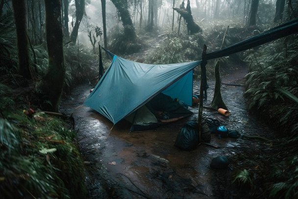 Sopravvivenza selvaggia: Bushcraft tenda sotto il telone in forte pioggia, abbracciando il freddo dell'alba - Una scena di resistenza e resilienza - Foto, immagini
