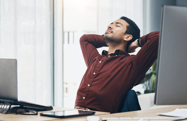 Corporate asian man, rest and stretching in office for stress, tired or burnout with eyes closed. Entrepreneur, businessman and fatigue with computer for web design, frustrated or overworked at desk. - Φωτογραφία, εικόνα