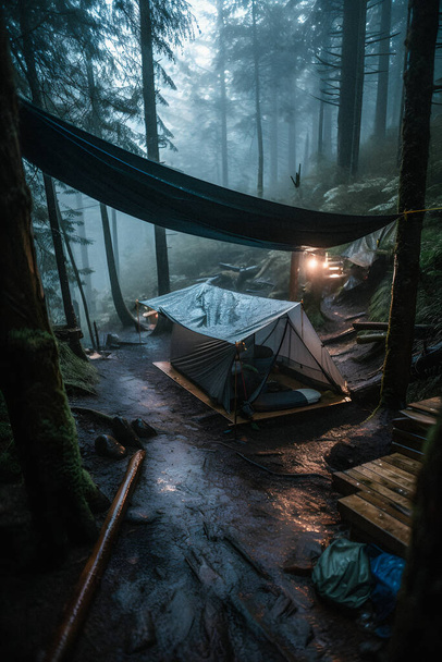 Wilderness Survival: Bushcraft Teltta alla Tarp Heavy Rain, käsittää Chill of Dawn - Kohtaus kestävyyttä ja kestävyyttä - Valokuva, kuva