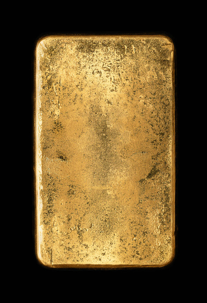 Superfície da parte de trás de uma barra de ouro fundido, também conhecido como ouro de ouro. Refinado, ouro metálico puro, produzido por derramando metal fundido em um molde em forma de barra. Isolado em fundo preto. Foto. - Foto, Imagem