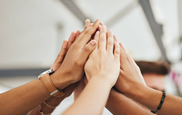 Support, community and high five with hands of people in collaboration for goals, mission or team building. Vision, mindset and teamwork with friends in workshop for motivation, success or networking. - Photo, Image