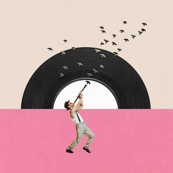 Musical instruments. Art collage with young musician wearing stylish clothes and playing on clarinet over pink and beige background. Surrealism, music, party, holiday, retro, vintage, art, ad concept - Foto, immagini