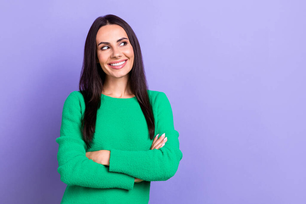 Photo of young positive smile good mood business promoter wear green jumper folded hands dreamy look mockup isolated on purple color background. - Φωτογραφία, εικόνα