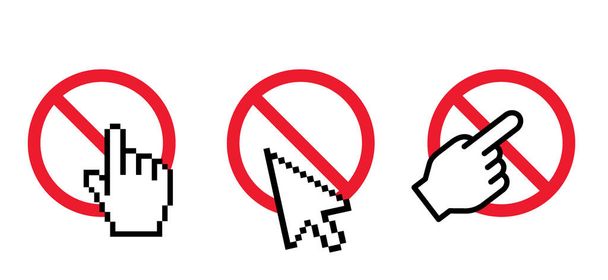 Hand clicking, click on pc mouse, cursor arrow. Cartoon hand as computer mouse, cursors is clicking on the symbol of do not enter. Entrance into fobidden and banned place. No, not allowed sign. Spam - Wektor, obraz