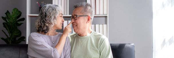 Senior couple looking into each other eyes and touching nose of beloved while sitting on couch and spending time to doing activity for relaxation in life retirement together at living room of home. - Foto, Imagen