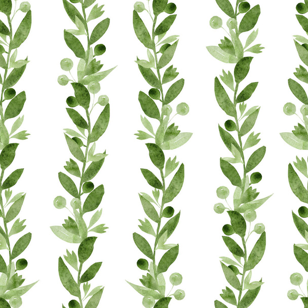 Seamless pattern of elements with spring greenery, twigs, leaves and flowers, vertical stripe. Hand drawn watercolor illustration isolated on white background. - Zdjęcie, obraz