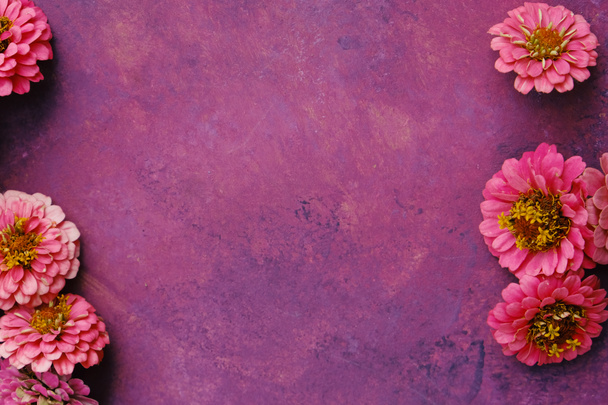 levendige zinnia jaarlijkse bloemen op textuur achtergrond met kopieerruimte voor moeders dag. - Foto, afbeelding