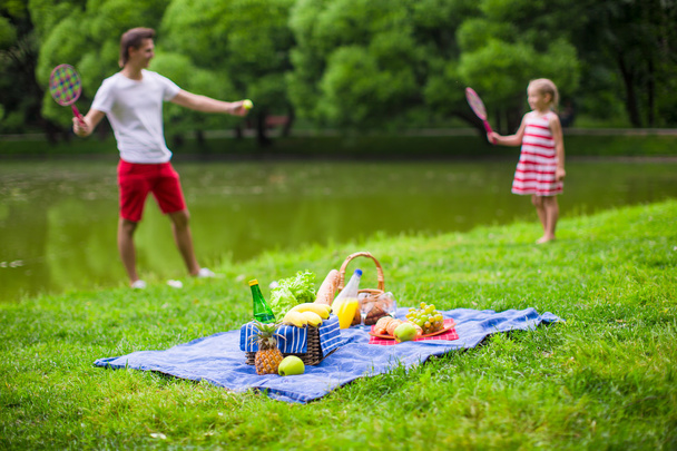 Onnellinen perhe piknikillä puistossa
 - Valokuva, kuva