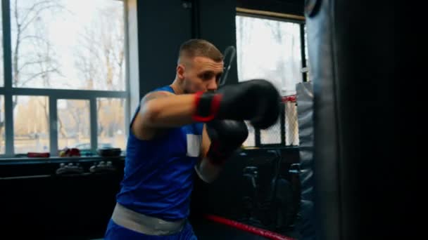 Boxeo gimnasio un boxeador entrena sus golpes golpeando saco de boxeo - Metraje, vídeo
